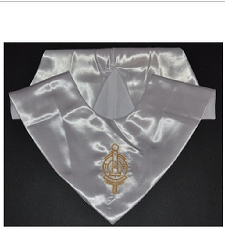 A white satin graduation stole with the gold Upsilon Pi Epsilon crest.